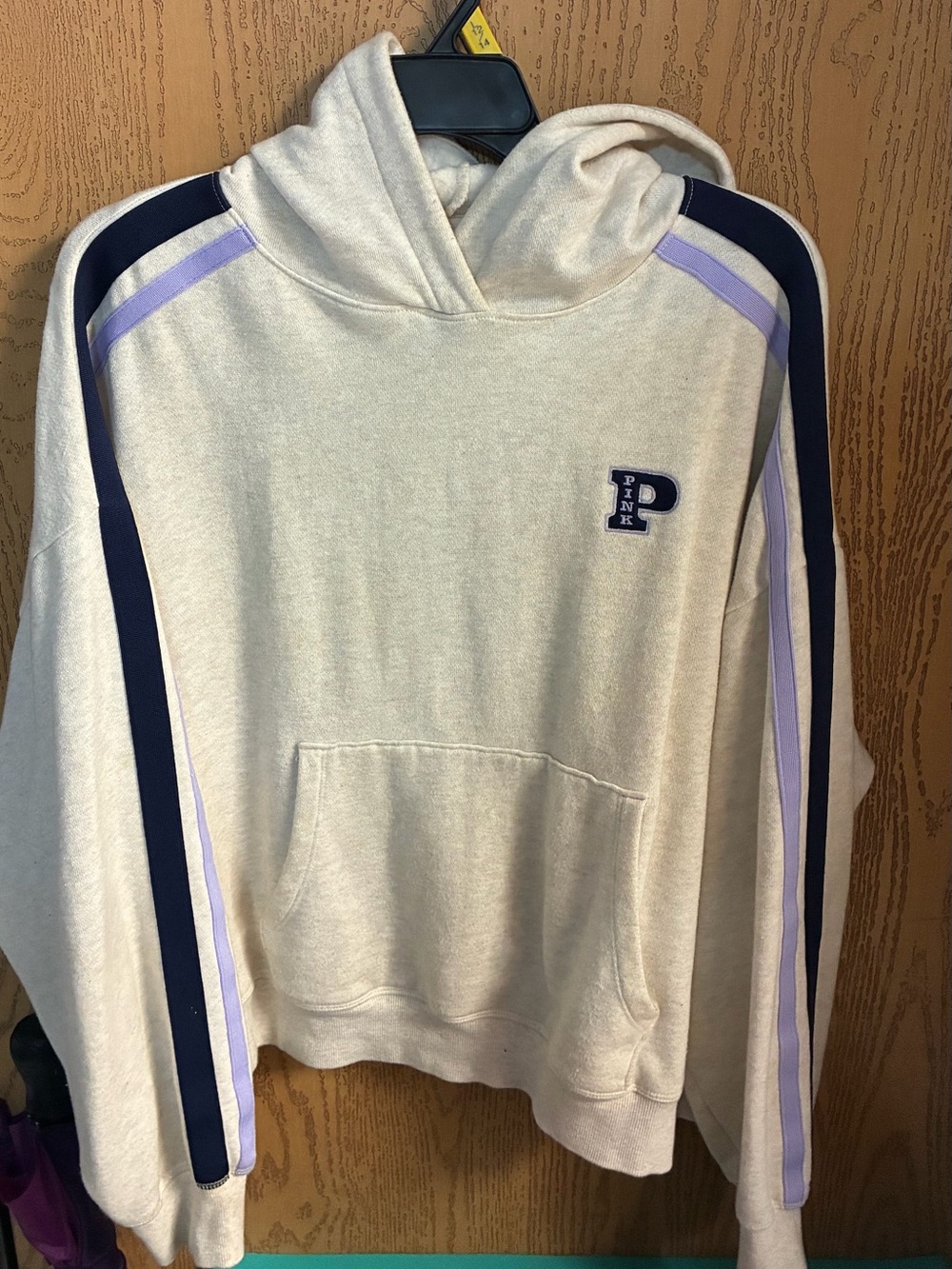 PINK Victoria's Secret Cream Hoodie with Navy & Lavender Stripes